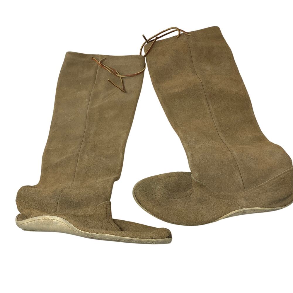 Vintage Boots Womens 7 Tan Knee High Slouchy Soft Sole Adjustable Tie Closure